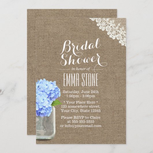 Rustic Mason Jar Hydrangea Burlap Vrijgezellenfees Kaart (Voorkant / Achterkant)