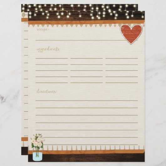 Rustic Mason Jar Kitchen Recipe Kaart Insert (Voorkant / Achterkant)