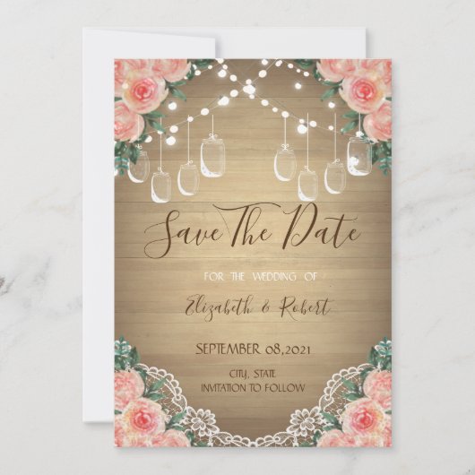 Rustic Mason Jar, Lace, Floral Save the Date (Voorkant)