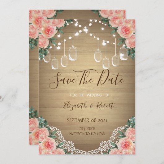 Rustic Mason Jar, Lace, Floral Save the Date (Voorkant / Achterkant)