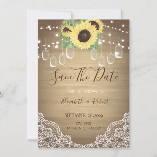 Rustic Mason Jar, Lace, Sunflower Save the Date (Voorkant)