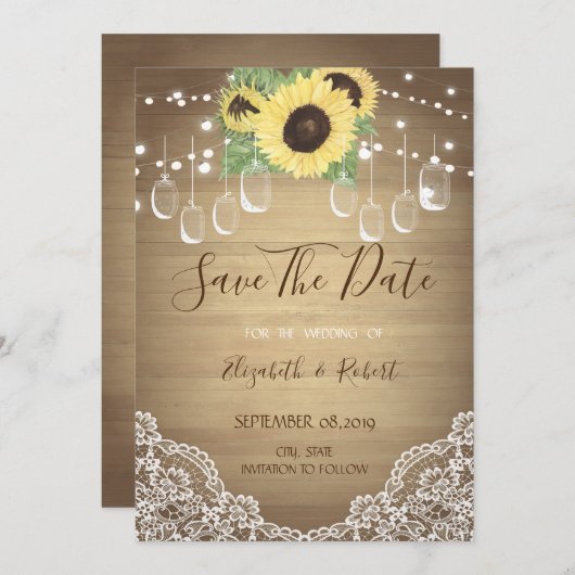Rustic Mason Jar, Lace, Sunflower Save the Date (Voorkant / Achterkant)