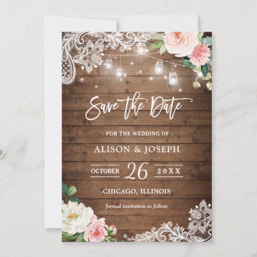 Rustic Mason Jar Licht Floral Lace Save the Date Kaart (Voorkant)