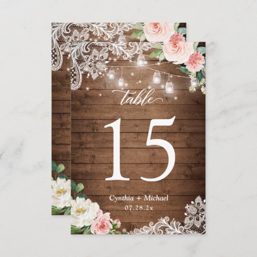 Rustic Mason Jar Light Floral Wedding Table Number RSVP Kaartje (Voorkant / Achterkant)