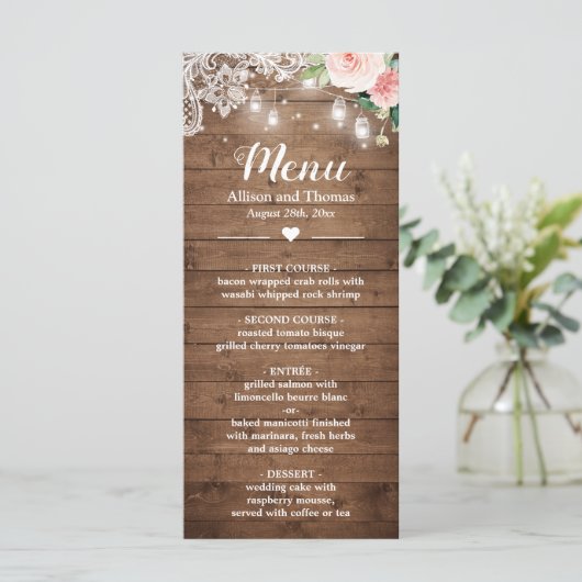 Rustic Mason Jar Lights Blush Floral Lace Wedding Menu (Staand voorkant)