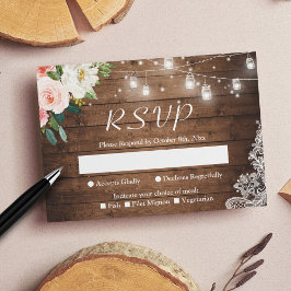 Rustic Mason Jar Lights Blush Floral Lace Wedding RSVP Kaartje
