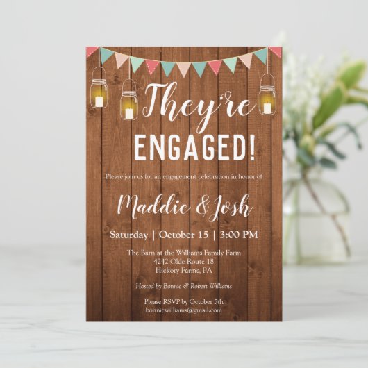 Rustic Mason Jar Lights Engagement Party Kaart (Staand voorkant)