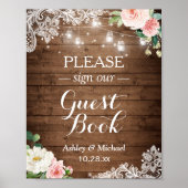 Rustic Mason Jar Lights Floral Lace Sign Guestbook Poster (Voorkant)