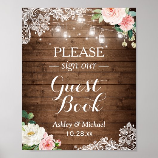 Rustic Mason Jar Lights Floral Lace Sign Guestbook Poster (Voorkant)