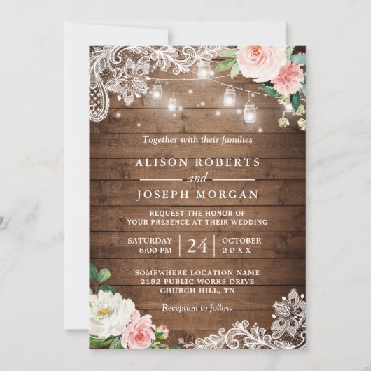 Rustic Mason Jar Lights Floral Lace Wedding Kaart (Voorkant)