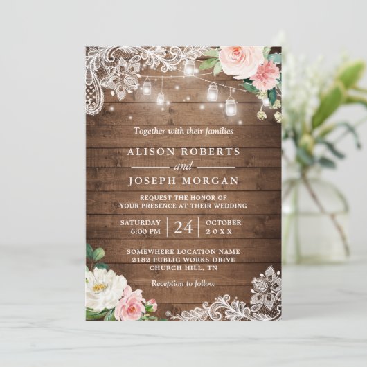 Rustic Mason Jar Lights Floral Lace Wedding Kaart (Staand voorkant)