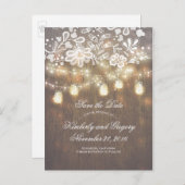 Rustic Mason Jar Lights Lace Wood Save the Date Aankondigingskaart (Voorkant / Achterkant)