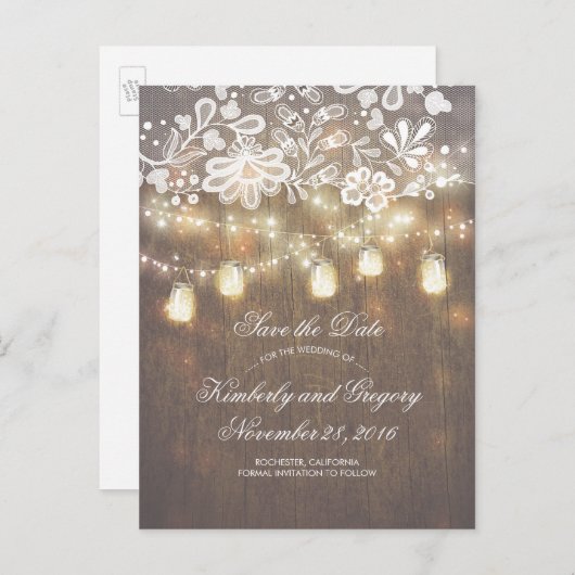 Rustic Mason Jar Lights Lace Wood Save the Date Aankondigingskaart (Voorkant / Achterkant)