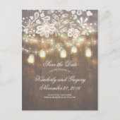 Rustic Mason Jar Lights Lace Wood Save the Date Aankondigingskaart (Voorkant)