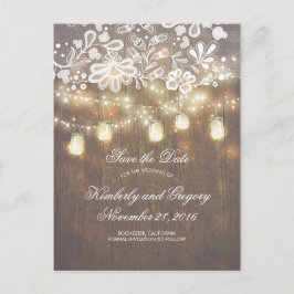 Rustic Mason Jar Lights Lace Wood Save the Date Aankondigingskaart