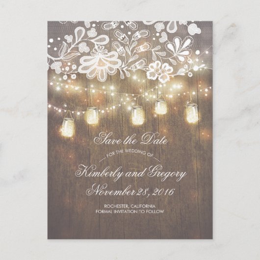 Rustic Mason Jar Lights Lace Wood Save the Date Aankondigingskaart (Voorkant)