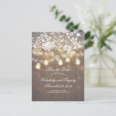 Rustic Mason Jar Lights Lace Wood Save the Date Aankondigingskaart (Staand voorkant)