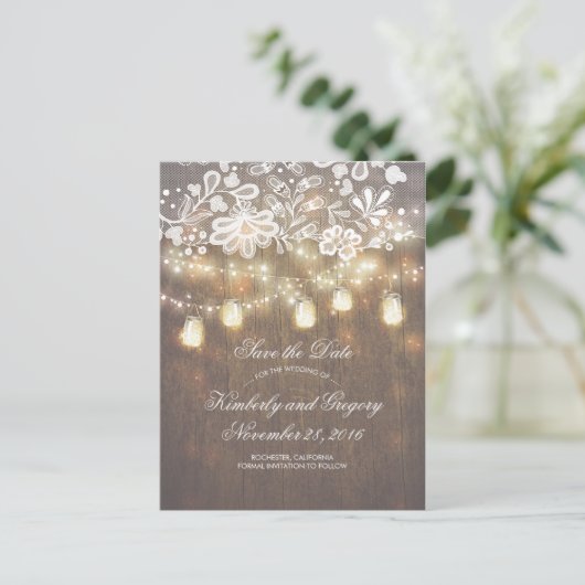 Rustic Mason Jar Lights Lace Wood Save the Date Aankondigingskaart (Staand voorkant)