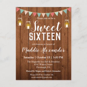 Rustic Mason Jar Lights Sweet 16 Birthday Party Briefkaart