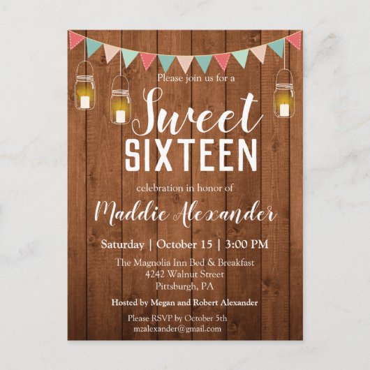 Rustic Mason Jar Lights Sweet 16 Birthday Party Briefkaart (Voorkant)
