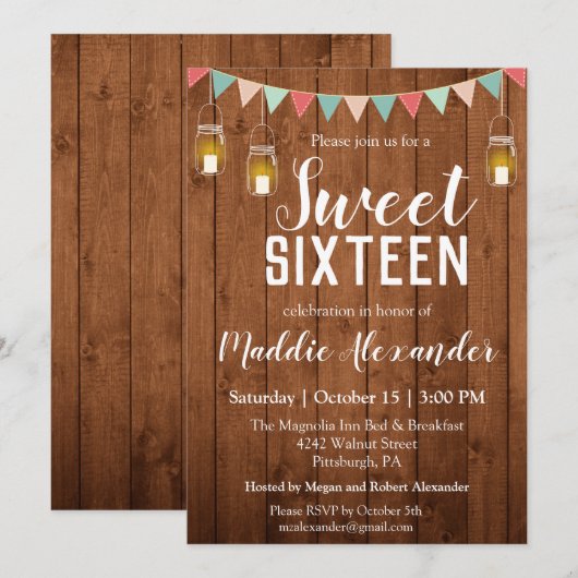 Rustic Mason Jar Lights Sweet 16 Birthday Party Kaart (Voorkant / Achterkant)