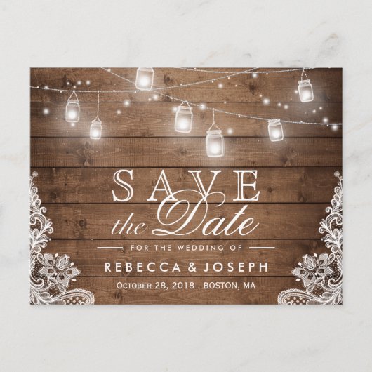 Rustic Mason Jar Lights Wedding Save the Date Aankondigingskaart (Voorkant)