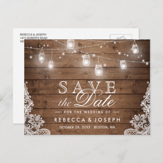 Rustic Mason Jar Lights Wedding Save the Date Briefkaart (Voorkant / Achterkant)