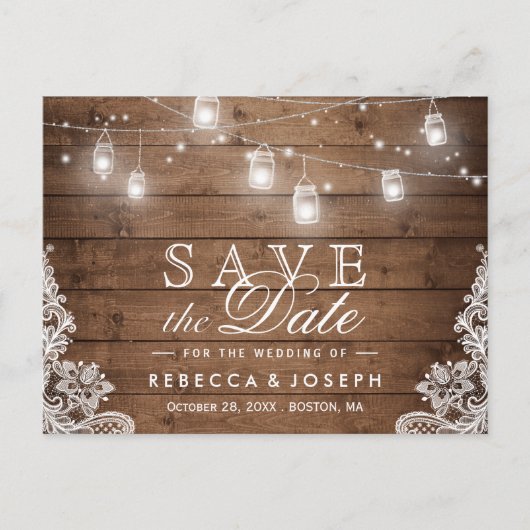 Rustic Mason Jar Lights Wedding Save the Date Briefkaart (Voorkant)