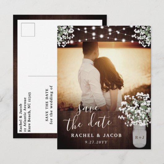 Rustic Mason Jar Lights Wedding Save the Date Briefkaart (Voorkant / Achterkant)