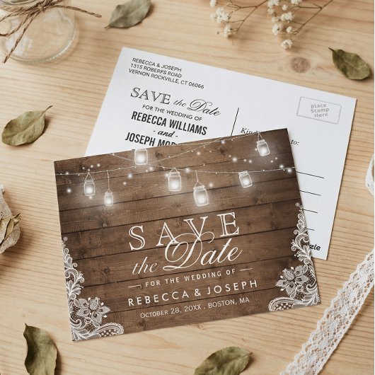 Rustic Mason Jar Lights Wedding Save the Date Briefkaart