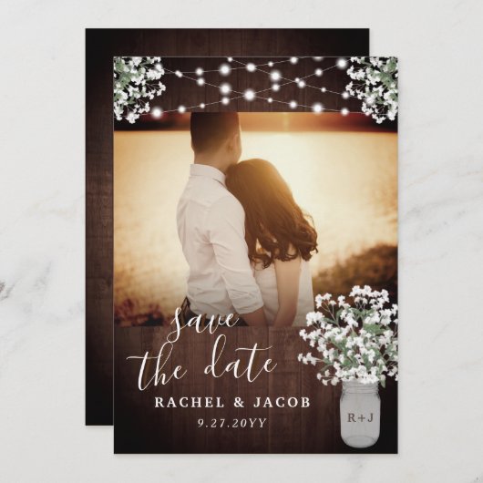 Rustic Mason Jar Lights Wedding Save the Date Card (Voorkant / Achterkant)