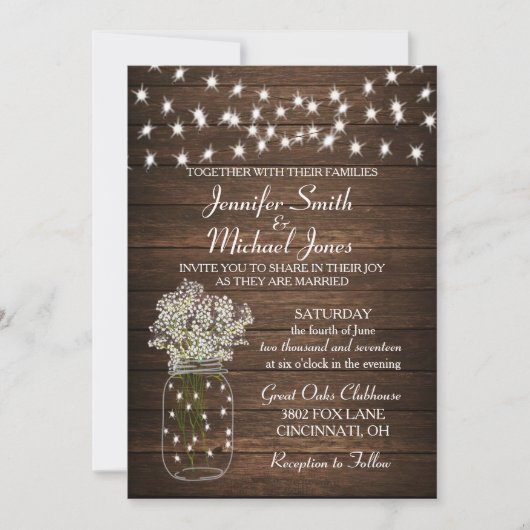 Rustic Mason Jar & Lights Wedding Uitnodiging (Voorkant)
