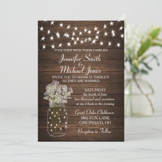 Rustic Mason Jar & Lights Wedding Uitnodiging (Staand voorkant)