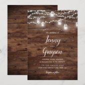 Rustic Mason Jar Lights Wood Huwelijksuitnodiging Kaart (Voorkant / Achterkant)