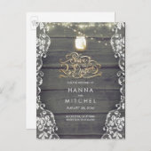 Rustic Mason Jar Lights Wood Lace Save the Date Aankondigingskaart (Voorkant / Achterkant)