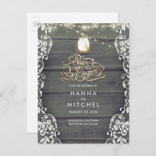 Rustic Mason Jar Lights Wood Lace Save the Date Aankondigingskaart (Voorkant / Achterkant)