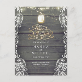 Rustic Mason Jar Lights Wood Lace Save the Date Aankondigingskaart