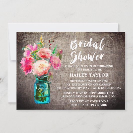 Rustic Mason Jar met Flower Bouquet Vrijgezellenfe Kaart (Voorkant)