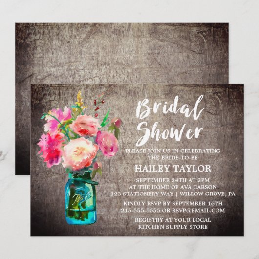 Rustic Mason Jar met Flower Bouquet Vrijgezellenfe Kaart (Voorkant / Achterkant)