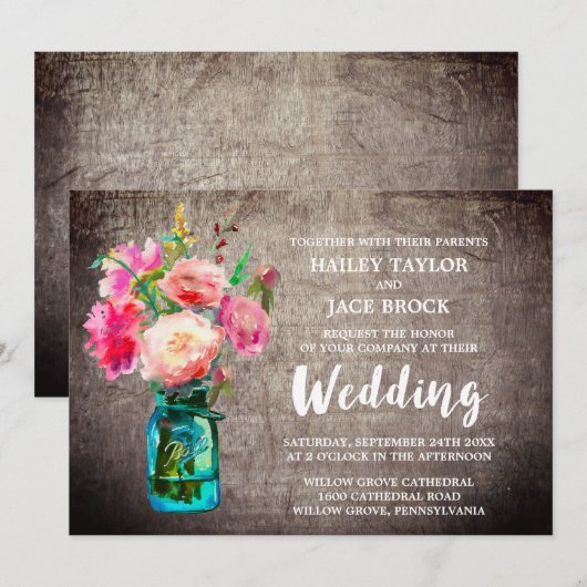 Rustic Mason Jar met Flower Bouquet Wedding Kaart (Voorkant / Achterkant)