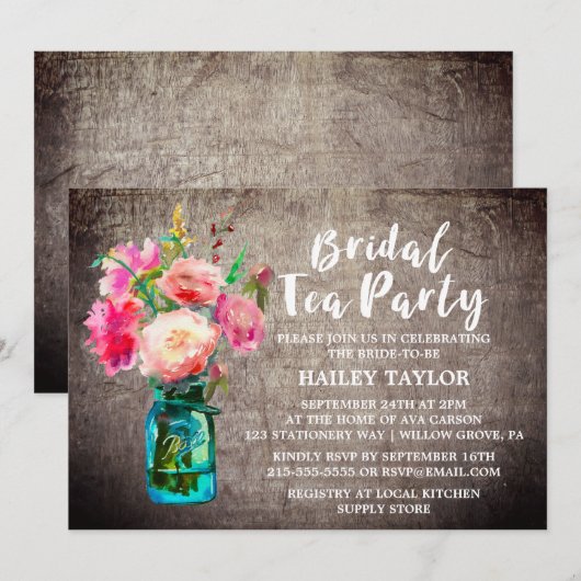Rustic Mason Jar met Flowers Bridal Tea Party Kaart (Voorkant / Achterkant)