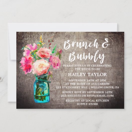 Rustic Mason Jar met Flowers Brunch en Bubble Kaart (Voorkant)