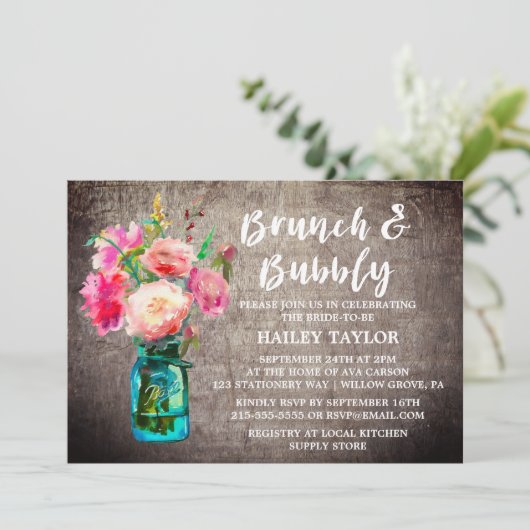 Rustic Mason Jar met Flowers Brunch en Bubble Kaart (Staand voorkant)