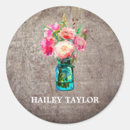 Rustic Mason Jar met Flowers Name Ronde Sticker