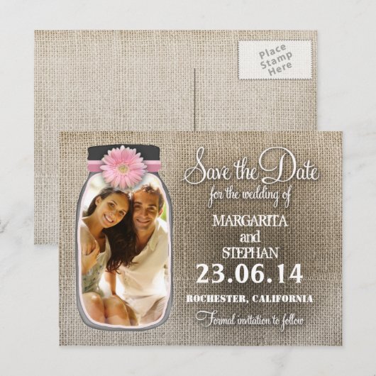 Rustic Mason Jar met je foto Sla de datum op Aankondigingskaart (Voorkant / Achterkant)