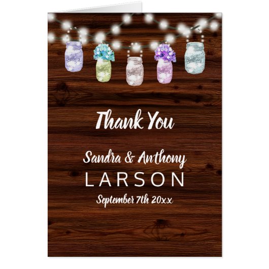 Rustic Mason Jar met lights Weddenschap Dank je (Voorkant)