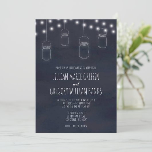 Rustic Mason Jar Navy Blue Wedding Uitnodiging (Staand voorkant)