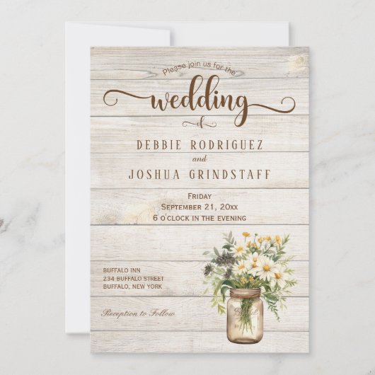 Rustic Mason Jar on Wood Wedding Invitation Kaart (Voorkant)