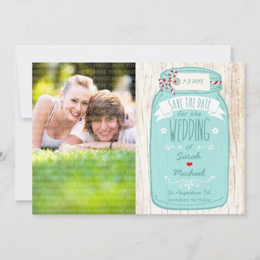 Rustic Mason Jar op Bark Foto Save the Date (Voorkant)
