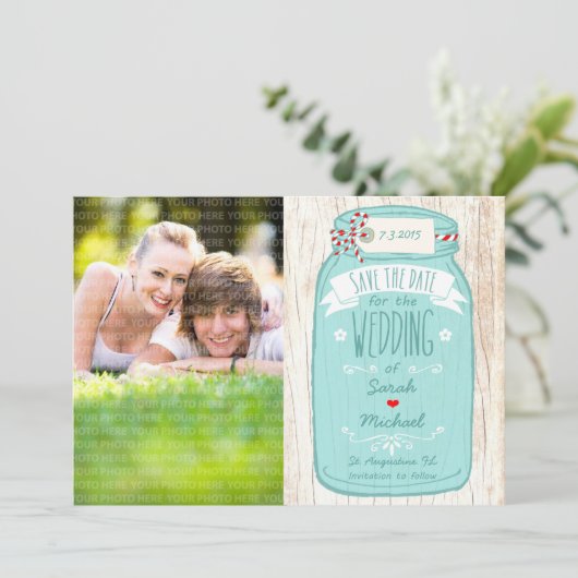 Rustic Mason Jar op Bark Foto Save the Date (Staand voorkant)